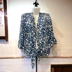 Slinky Brand Women's Blue Dots Tie Front Sheer Bell Sleeve Cardigan | Size Large